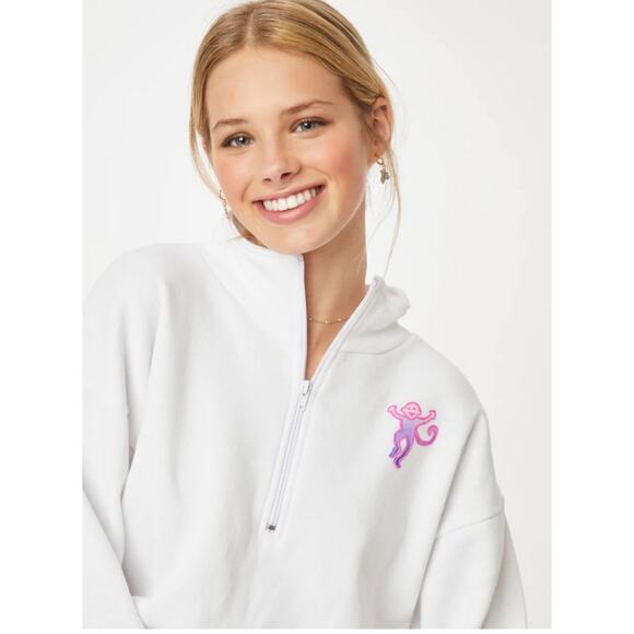 Roller Rabbit Cropped White Half Zip Pink Purple Monkey Sweatshirt, Size : M/L - Picture 1 of 12